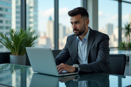 Jeune homme professionnel regardant son ordinateur dans un bureau moderne