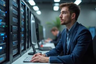 Jeune homme en costume regardant un serveur quantique moderne