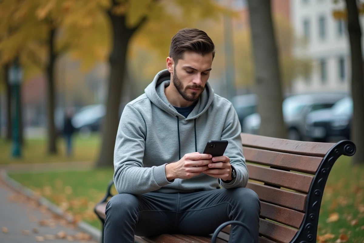 Jeune homme comparant deux smartphones dans un parc