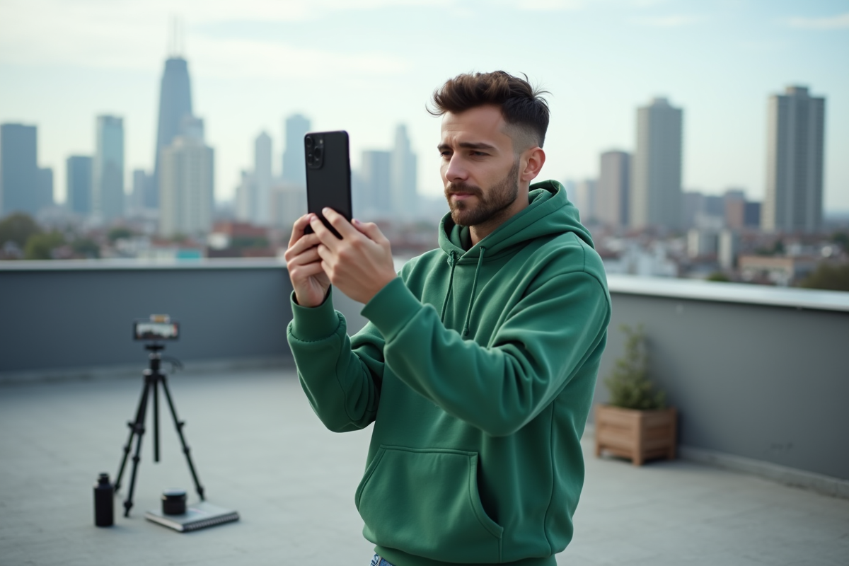Jeune homme enregistrant une video TikTok sur un rooftop urbain