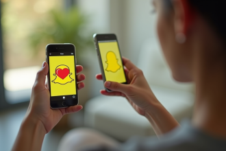 Jeune main tenant un smartphone avec interface Snapchat et emoji cœur rouge
