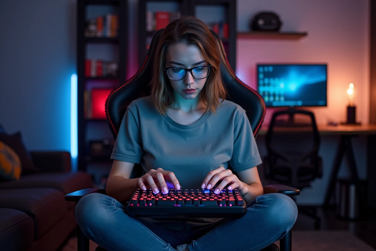 Joueuse inspectant la disposition des touches d'un clavier mécanique pour une configuration de jeu vidéo personnalisée