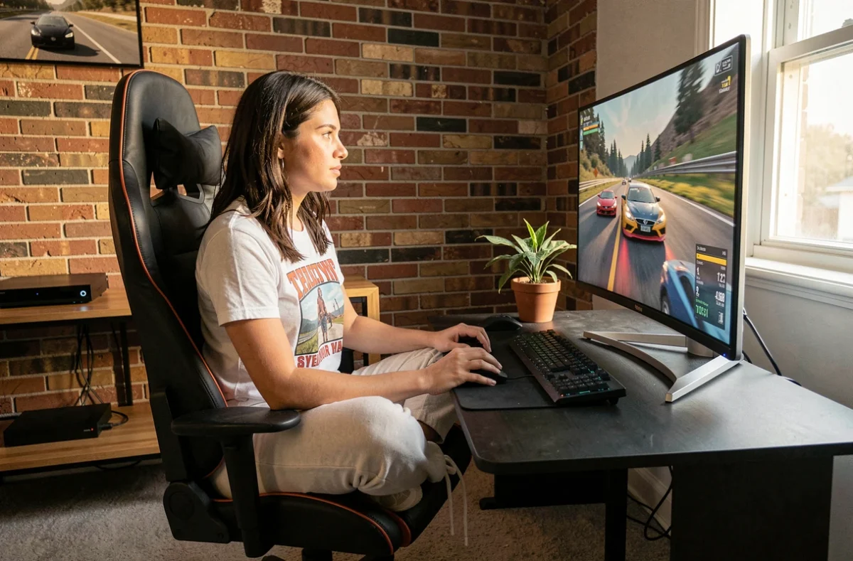 Joueuse installée dans son salon devant un moniteur OLED 1440p affichant un jeu de course en haute définition