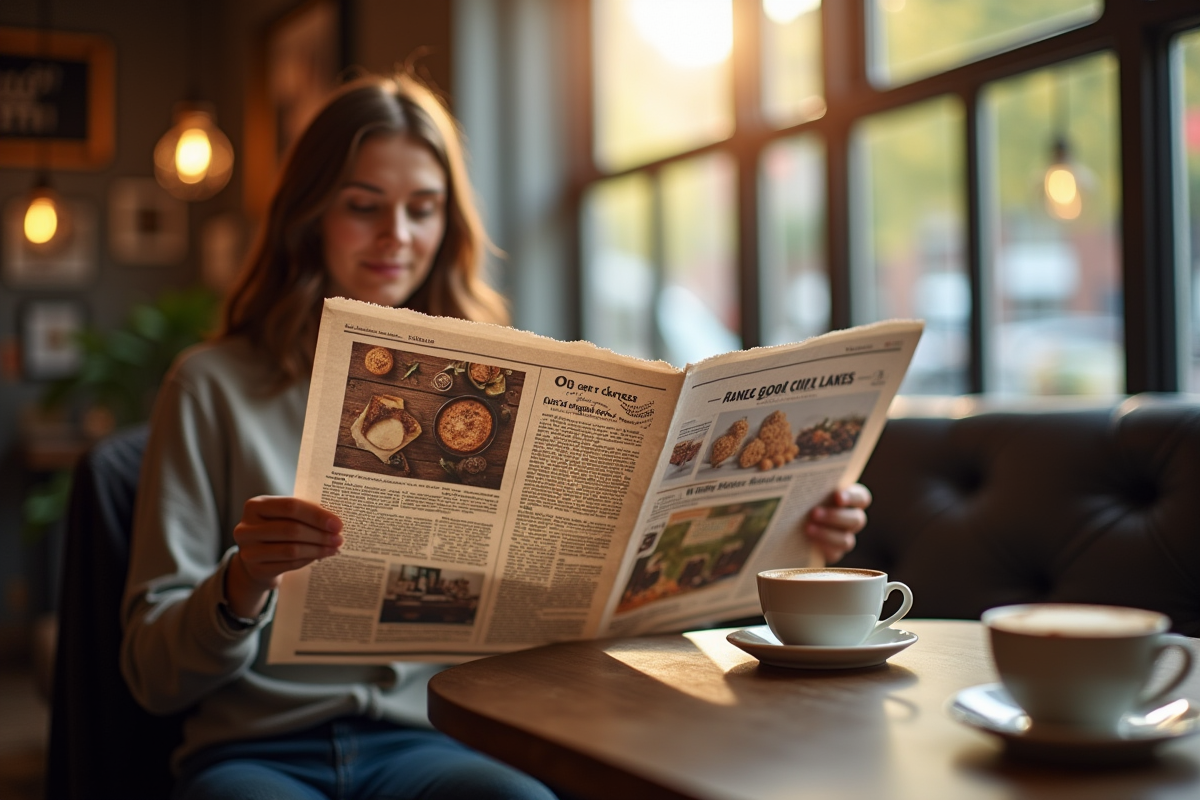 Personne lisant un journal dans un cafe avec une pub intégrée