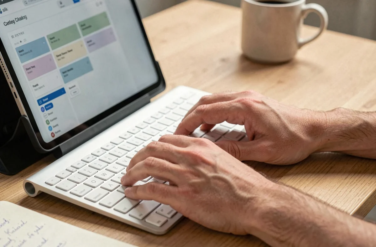 Mains utilisant un éditeur de site web simplifié sur ordinateur et tablette, illustrant la facilité de contrôle technique proposée par geckodesign.fr