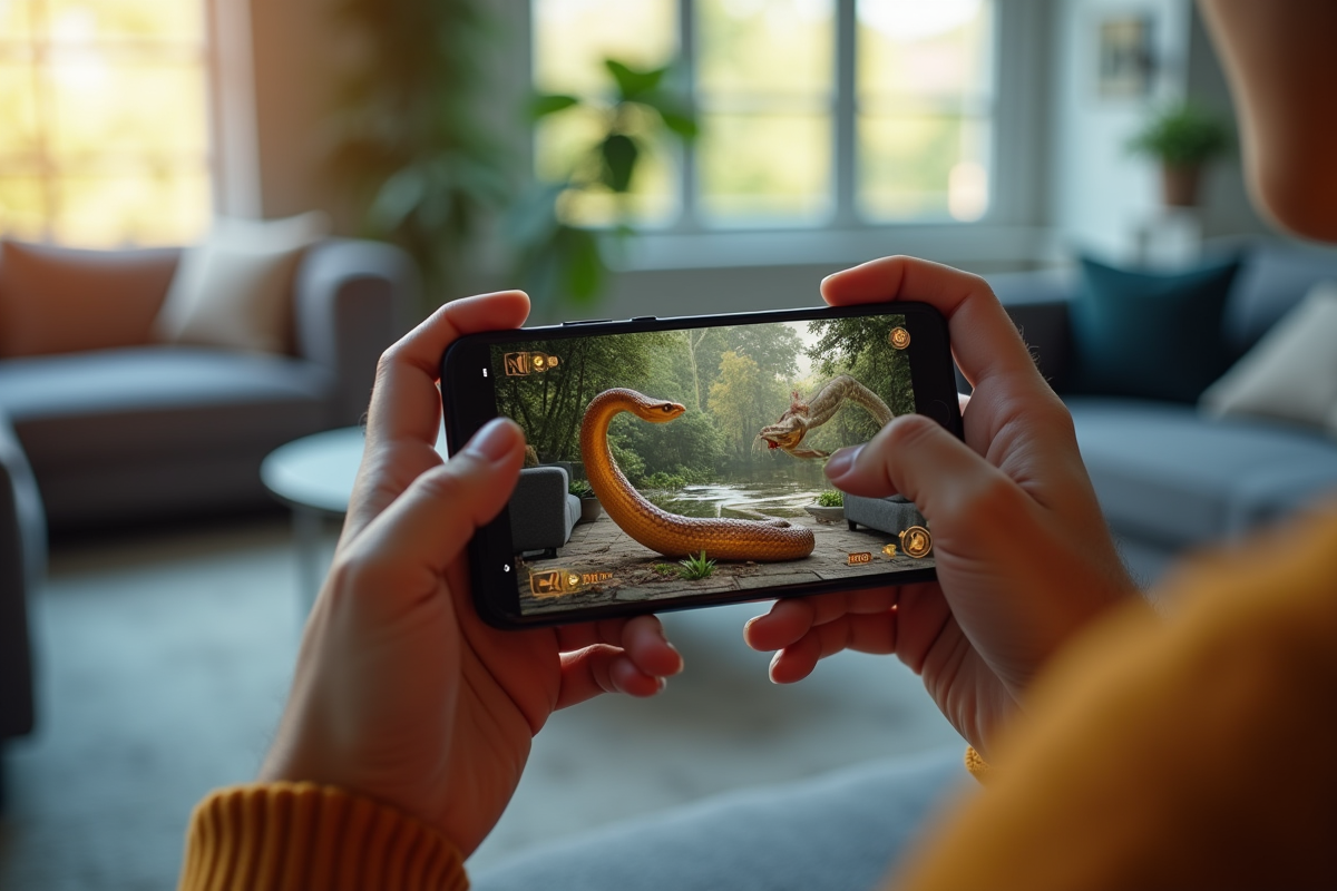 Mains tenant un smartphone avec un jeu snake en cours