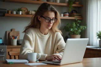 Maman concentrée sur son ordinateur dans la cuisine familiale