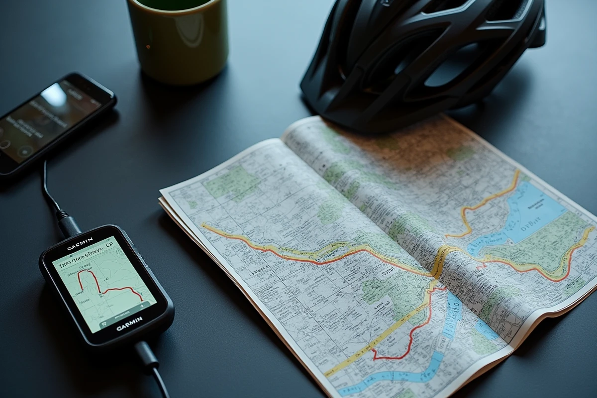 Mise à plat de matériel GPS cycliste avec données GPX sur smartphone et carte imprimée