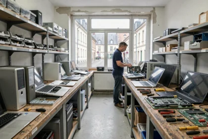 Vue d'ensemble d'un atelier de réparation informatique en Moselle avec plusieurs techniciens au travail