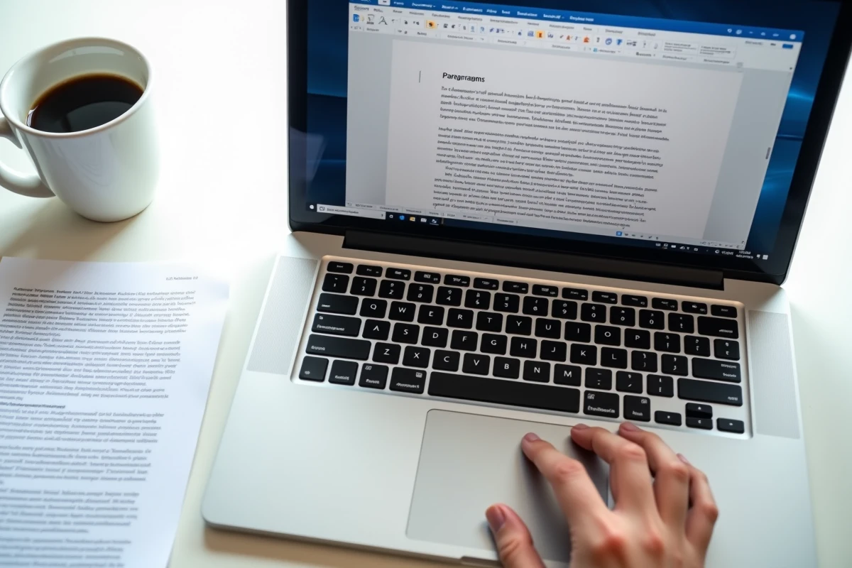 Gros plan sur un ordinateur portable avec le menu Paragraphe de Word ouvert pour résoudre un problème de page blanche