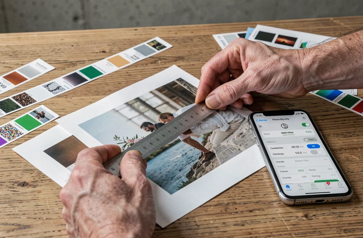 Mains masculines mesurant une photo imprimée avec une règle à côté d'une application de calcul pixels par cm sur smartphone