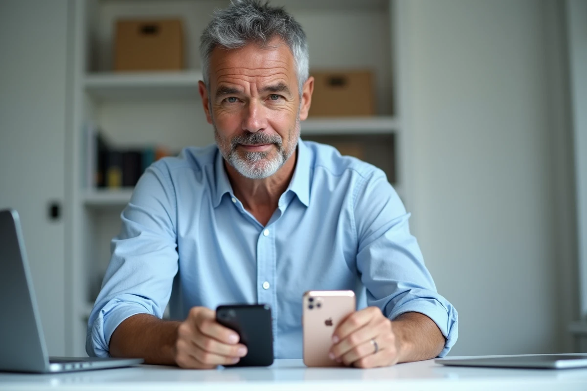 Homme comparant deux iPhone sur un bureau de travail à domicile lors d'une migration de données et récupération de SMS