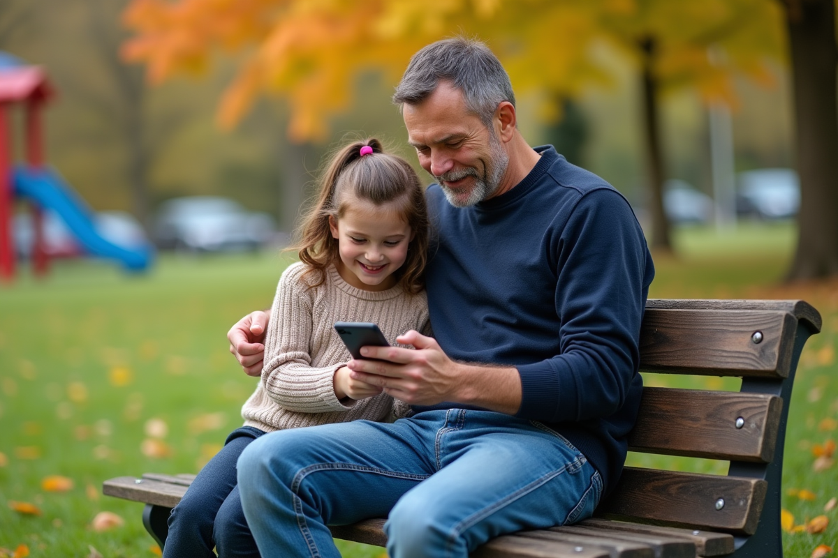 Père et fille souriants découvrent une application mobile dans le parc