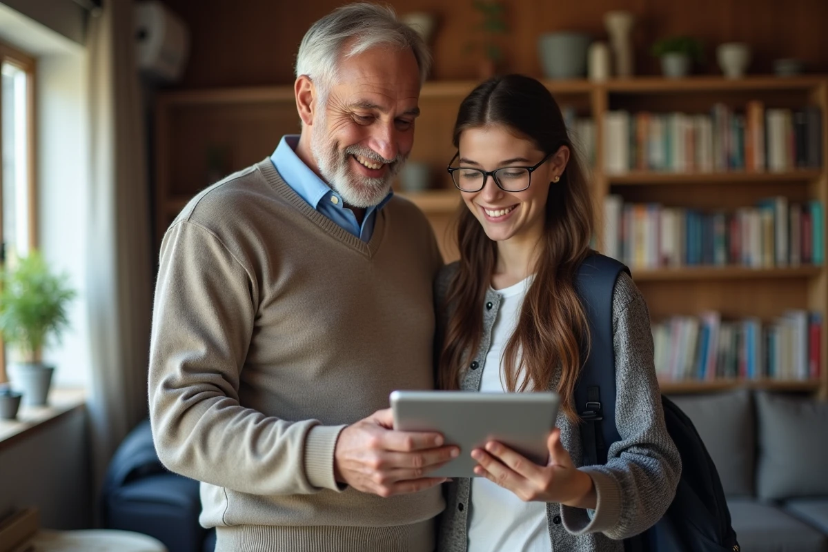 Père et fille étudiant ensemble dans le salon chaleureux