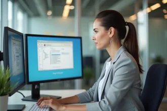 Femme partageant un fichier Excel depuis Outlook sur un double écran dans un bureau moderne