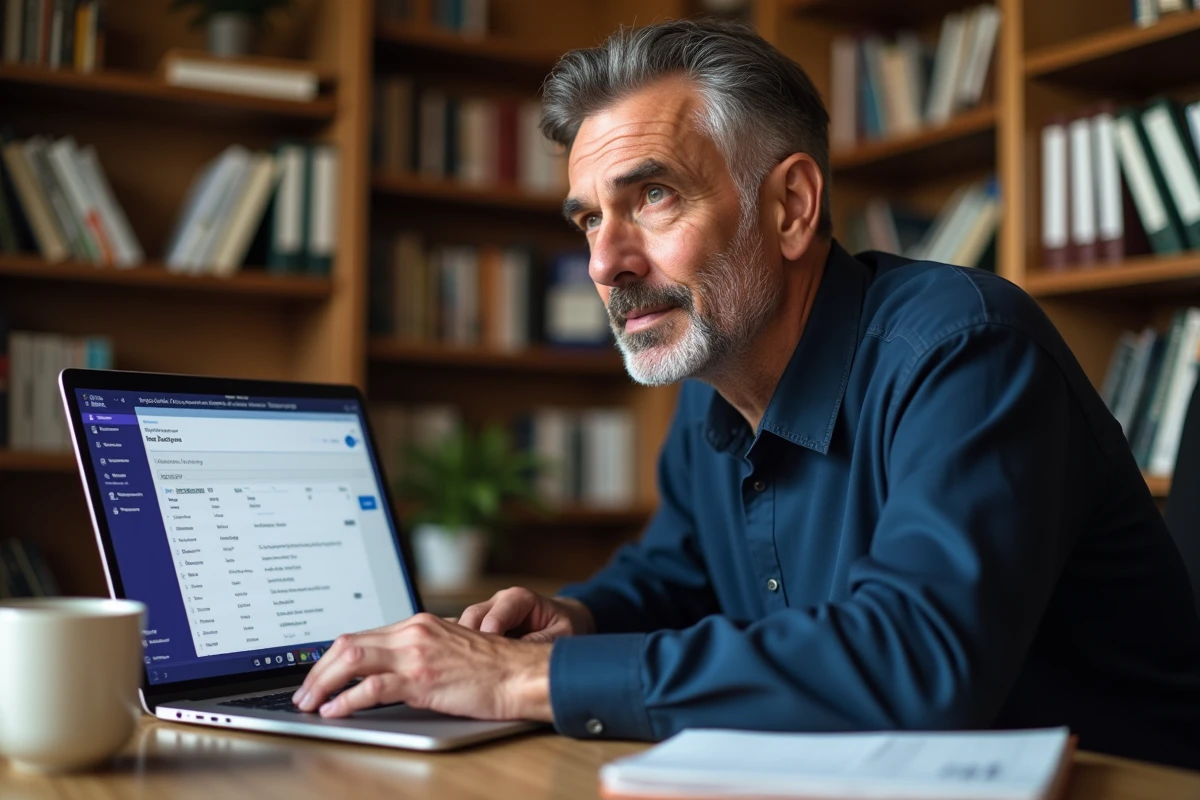 Homme partageant un fichier Excel via Microsoft Teams depuis un bureau à domicile