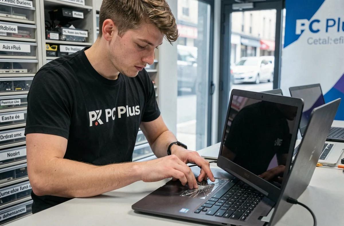 Technicien PC Plus remplaçant l'écran d'un ordinateur portable dans la boutique en Moselle