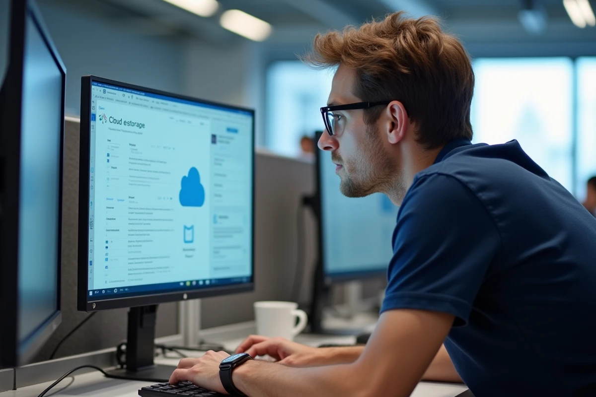 Homme en entreprise face à une erreur d'authentification sur un tableau de bord de stockage cloud