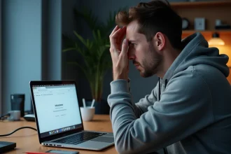 Homme frustré devant une erreur de connexion sur son ordinateur portable avec une Freebox sur le bureau