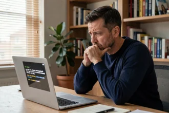 Homme frustré devant son ordinateur portable face à un problème de messagerie Orange