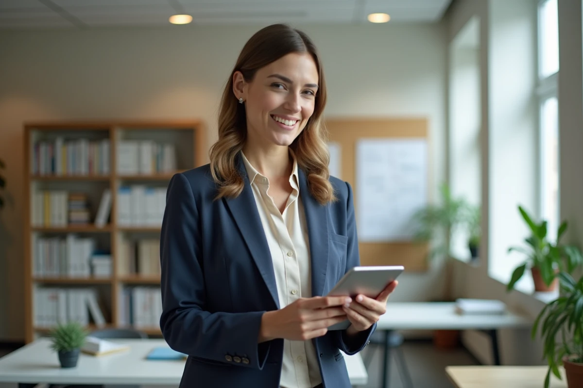 Professeure souriante vérifiant un agenda numérique