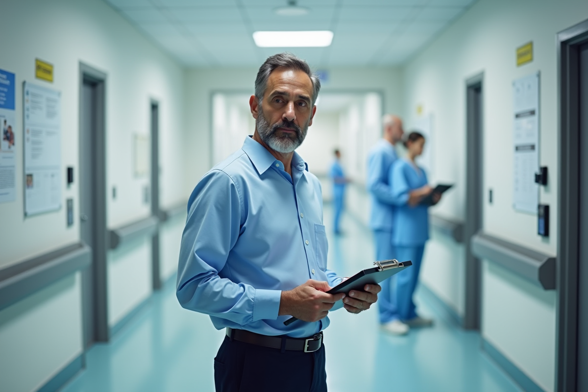 Professionnel de santé discutant dans un couloir d