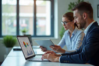 Deux professionnels analysant des données SEO et SEA au bureau