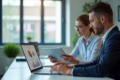 Deux professionnels analysant des données SEO et SEA au bureau