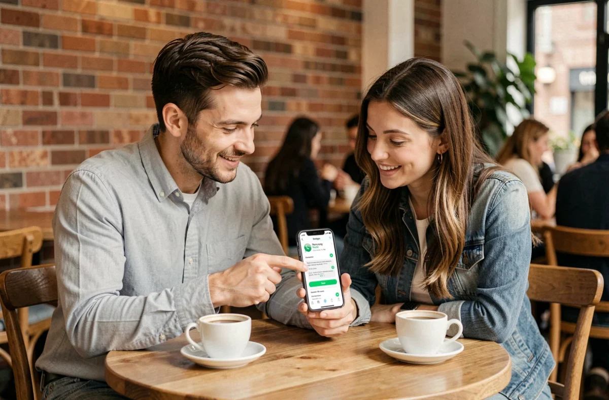 Deux amis dans un café apprenant à programmer un message WhatsApp sur smartphone