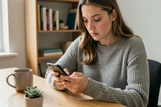 Jeune femme programmant un message WhatsApp sur son smartphone depuis son bureau à domicile