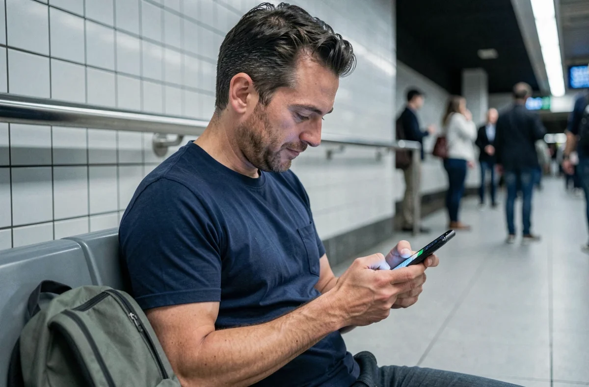 Homme consultant WhatsApp sur son téléphone dans les transports en commun pour programmer un message
