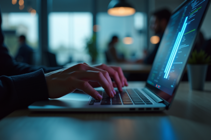 Main d'un programmeur tapant sur un clavier d'ordinateur avec symbole | lumineux