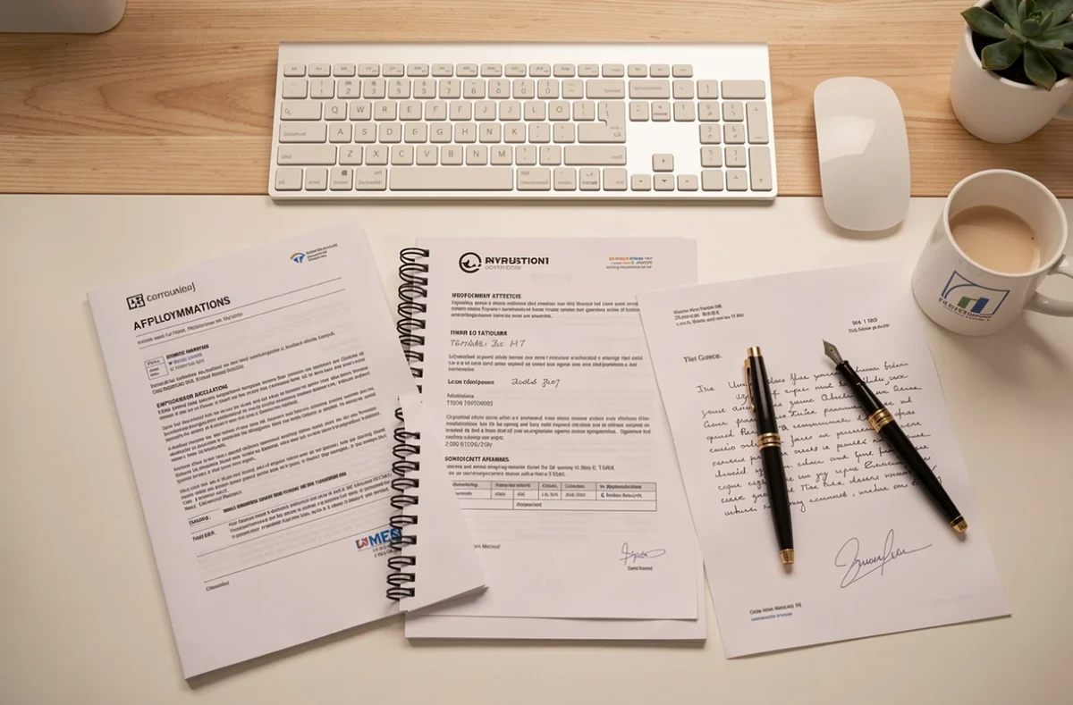 Vue aérienne d'un bureau minimaliste avec des attestations RH imprimées, un clavier et un guide Excel pour la réalisation de publipostages