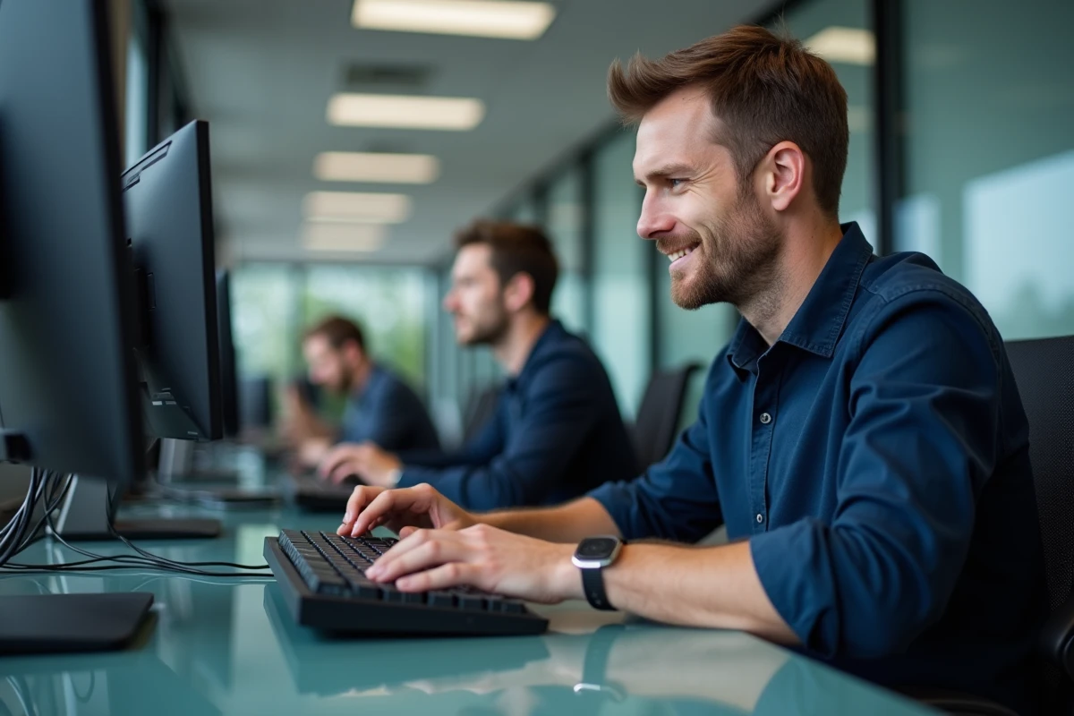 Homme appuyant sur des raccourcis clavier Dell dans un open space professionnel