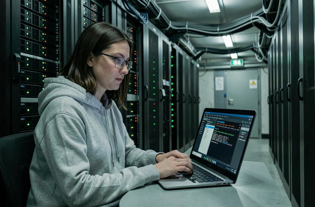 Chercheuse en sécurité informatique consultant des résultats WHOIS et de géolocalisation IP dans une salle de serveurs