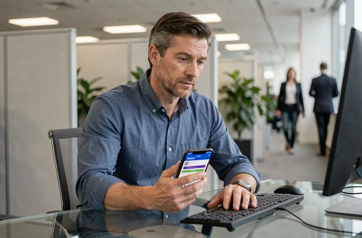 Homme configurant les options de récupération de son compte Yahoo sur smartphone au bureau
