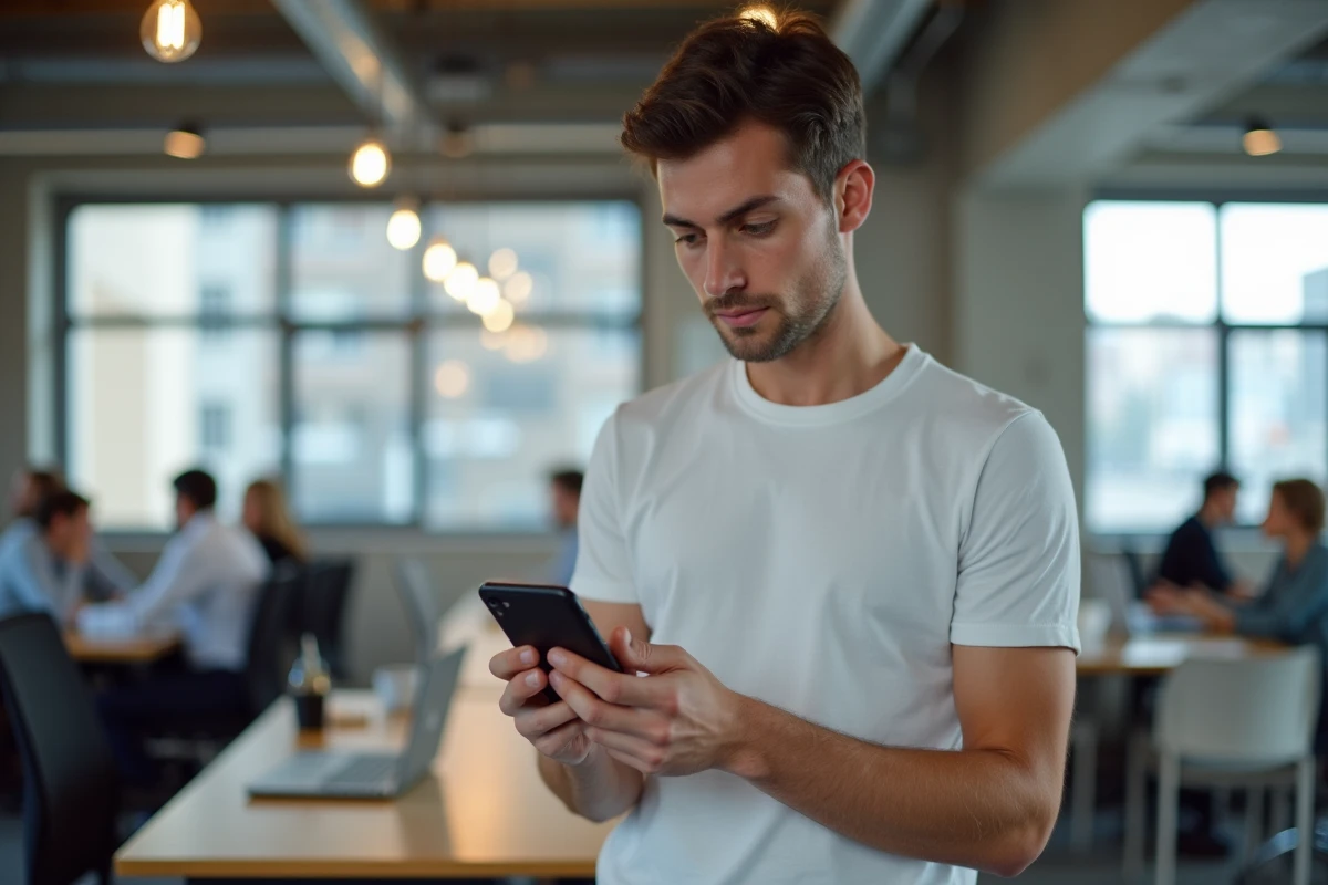 Jeune homme utilisant iCloud sur laptop et iPhone dans un espace de coworking pour récupérer des SMS après un changement de numéro