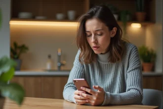 Femme consultant ses SMS sur iPhone à la table d'une cuisine moderne, cherchant à récupérer ses messages après un changement d'appareil