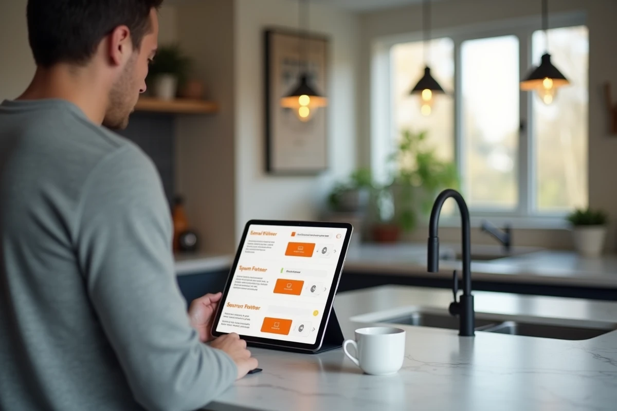 Homme configurant les filtres anti-spam et les paramètres de confidentialité de la messagerie sécurisée Orange sur une tablette dans une cuisine moderne