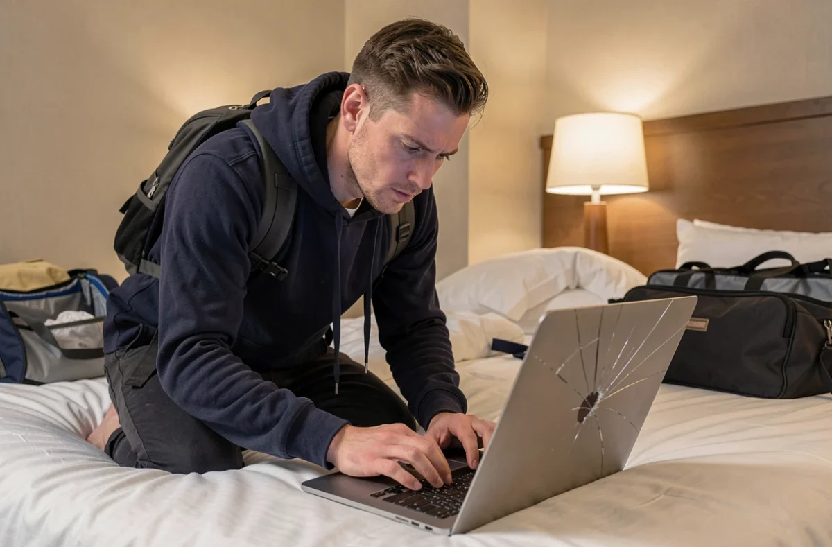 Homme examinant un écran Mac fissuré dans une chambre d'hôtel en voyage