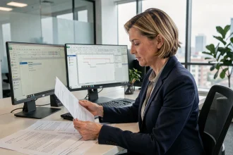Responsable RH en entreprise consultant des contrats de travail imprimés sur un bureau avec un ordinateur affichant Word et Excel pour le publipostage