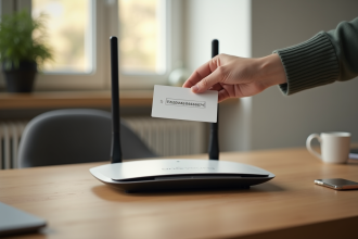 Routeur WiFi moderne sur un bureau en bois avec mot de passe