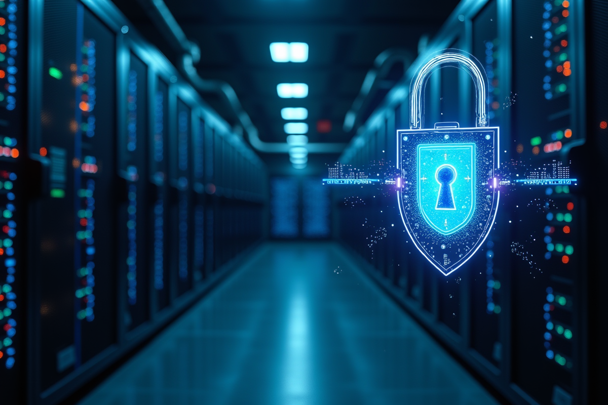 Salle serveurs avec hologramme de bouclier de securite