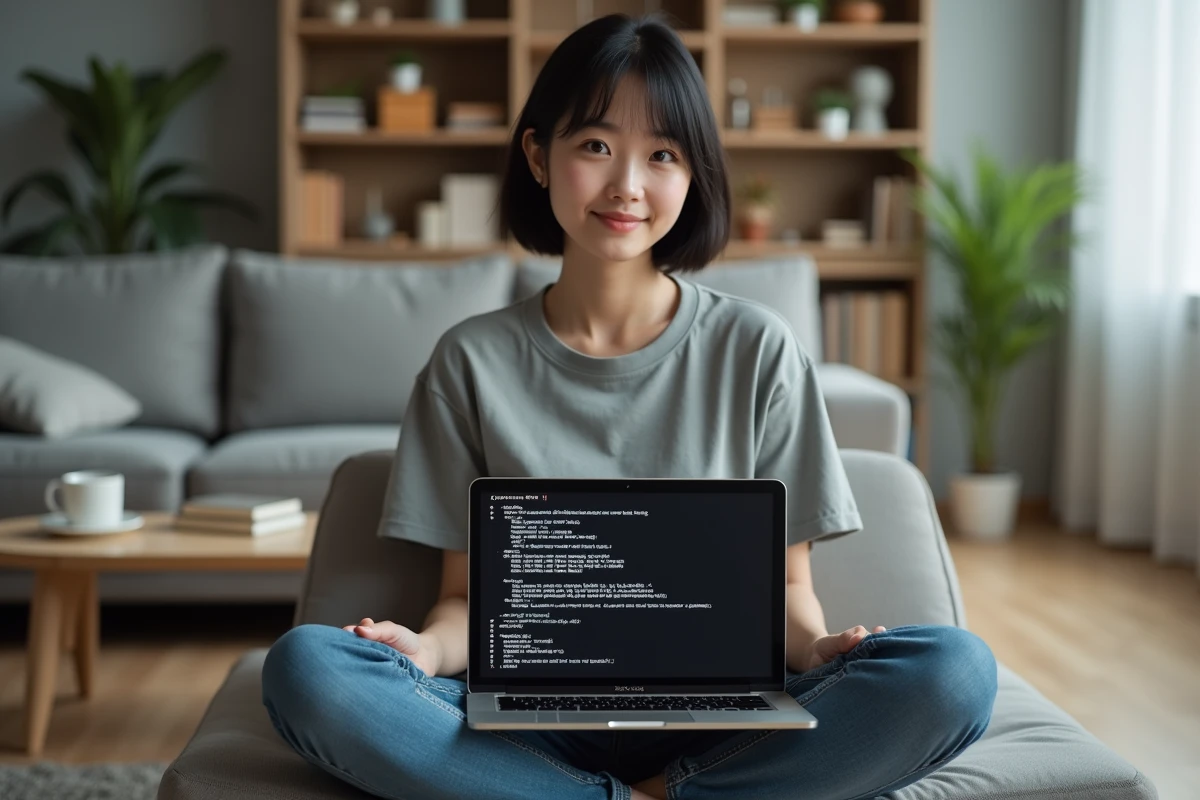 Jeune femme exécutant un script automatique de nettoyage du cache FiveM sur un laptop dans un salon moderne