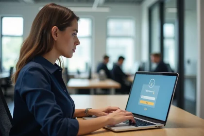 Femme sécurisant son compte webmail au bureau sur un ordinateur portable