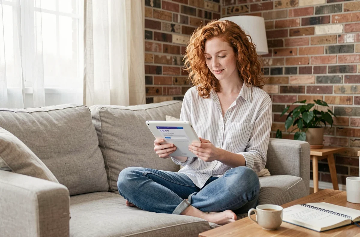 Jeune femme gérant la sécurité de son compte Yahoo sur tablette dans son salon