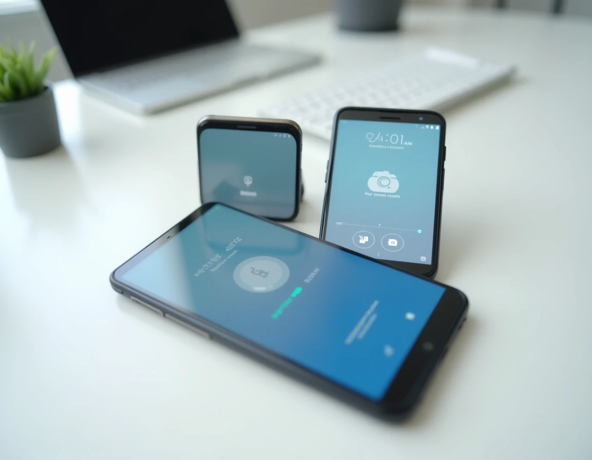 Deux smartphones Android posés sur un bureau blanc illustrant la configuration et l'accès à distance entre appareils