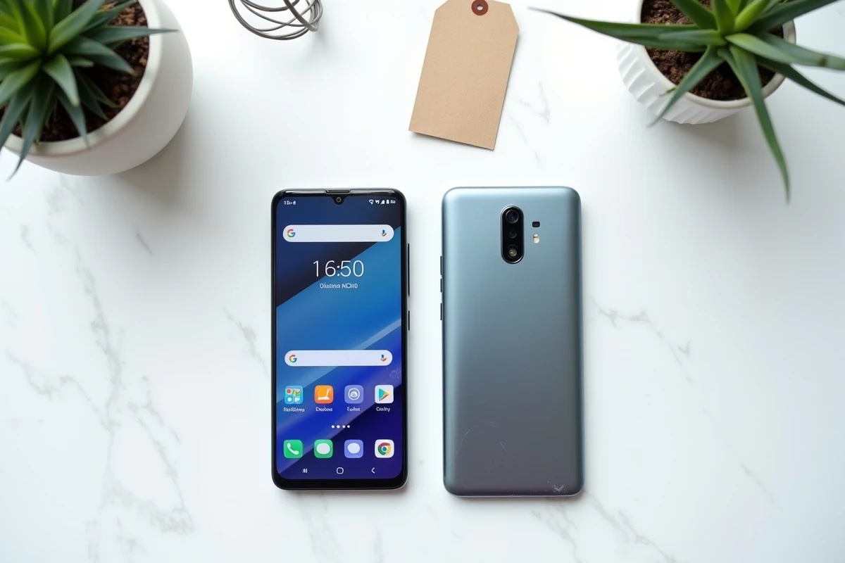 Deux smartphones Android reconditionnés posés côte à côte sur un comptoir en marbre blanc