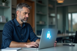 Homme spécialiste informatique en train de chiffrer un PDF sur son ordinateur