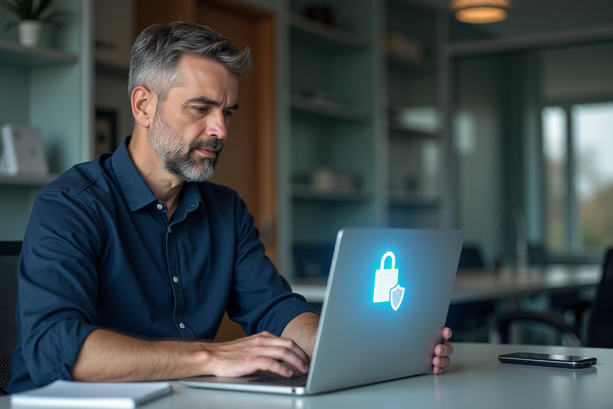 Homme spécialiste informatique en train de chiffrer un PDF sur son ordinateur